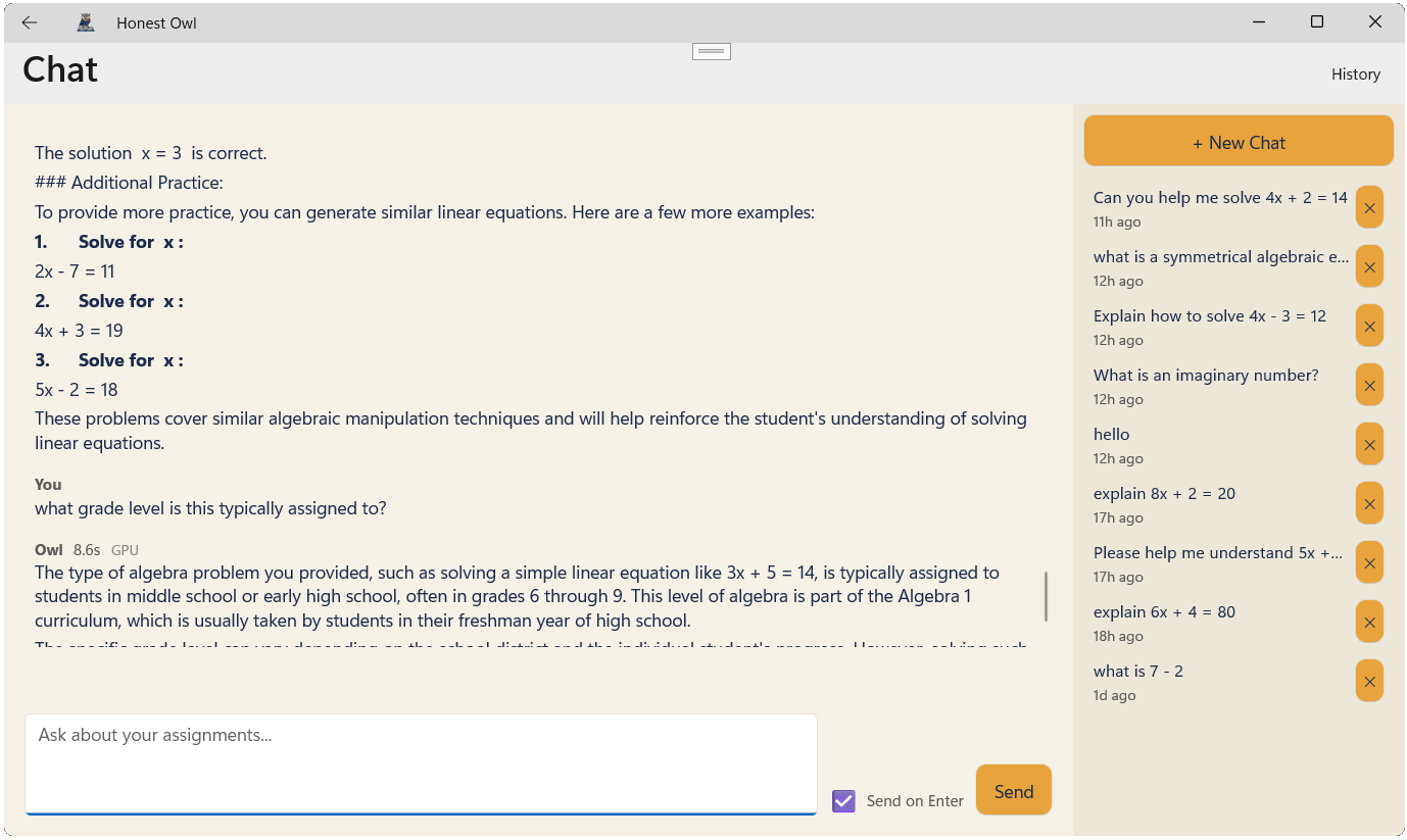 Honest Owl chat screen with saved chat sessions in the sidebar