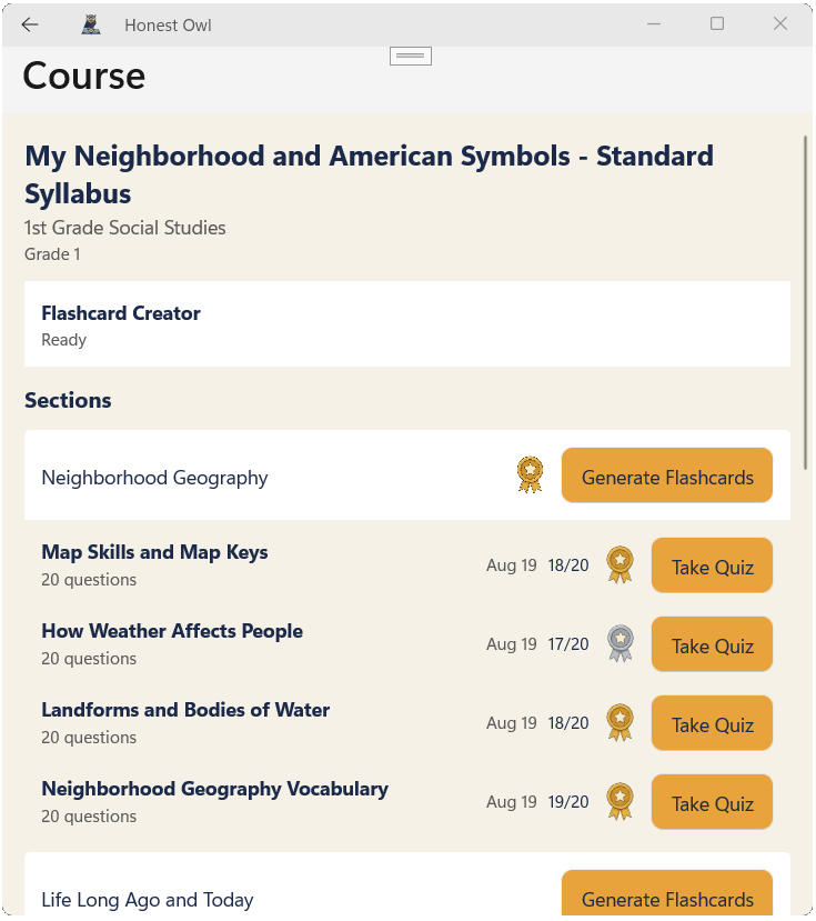 Honest Owl course detail page showing sections, quiz scores, and earned badges