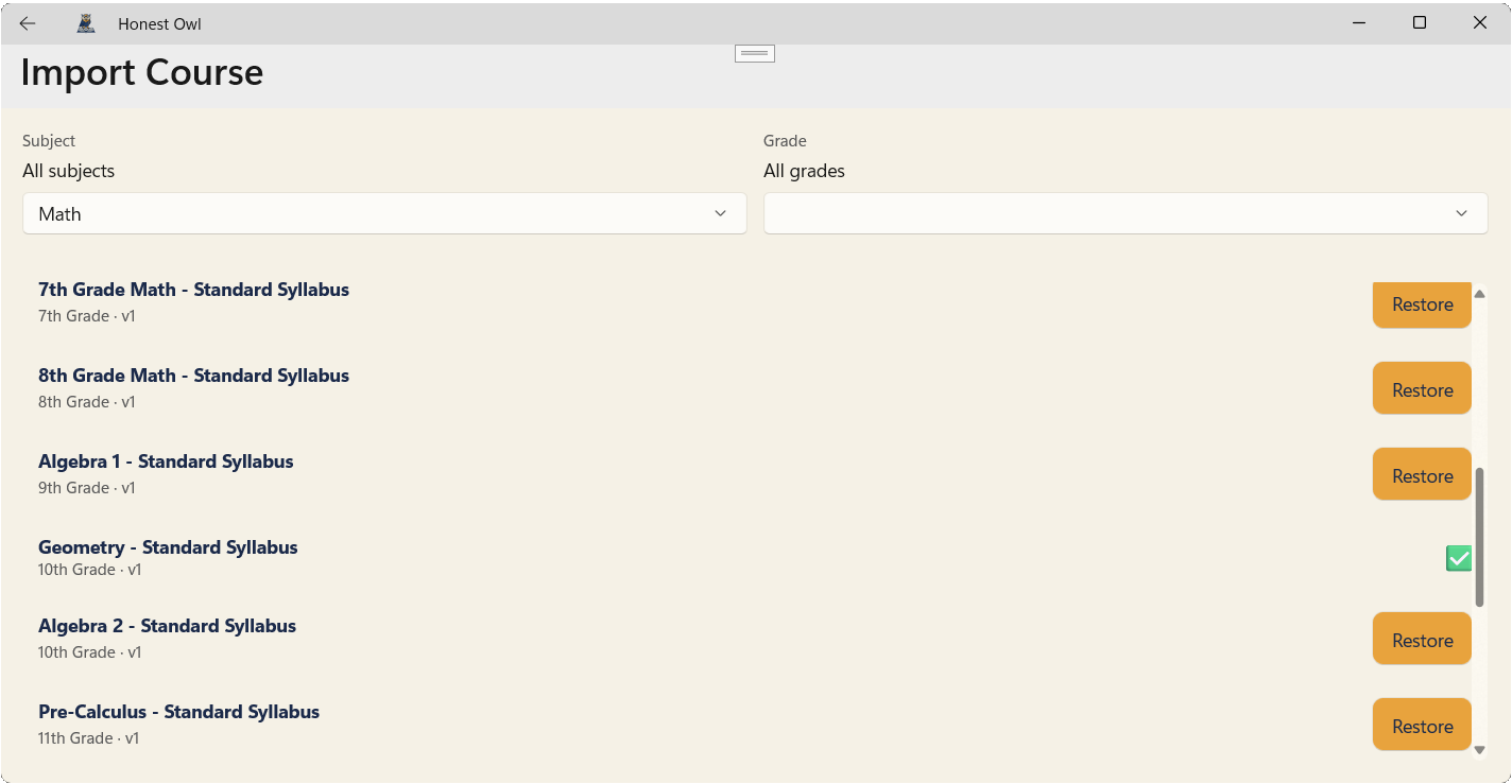 Honest Owl course importer showing courses by subject and grade with a Restore option