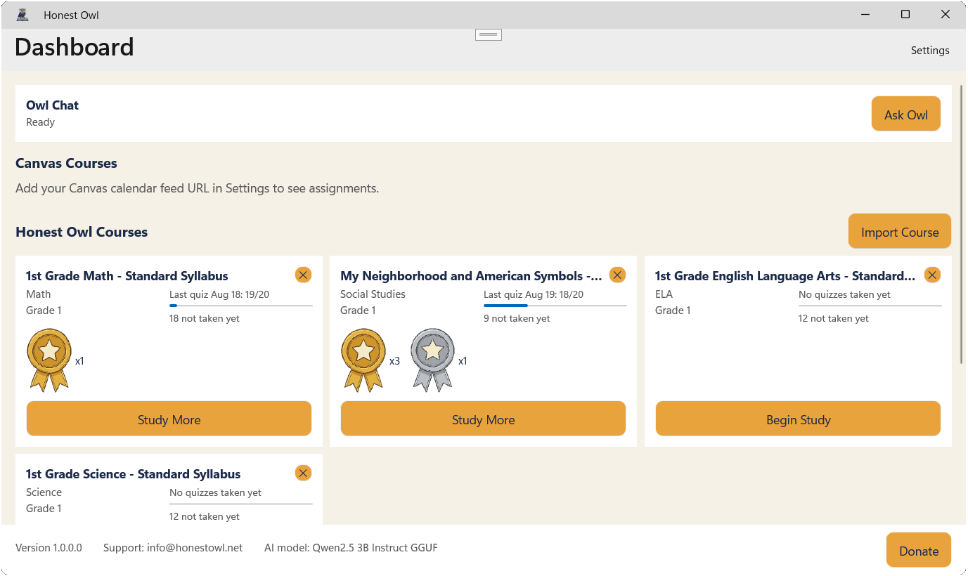 Honest Owl dashboard showing courses with quiz scores and badges
