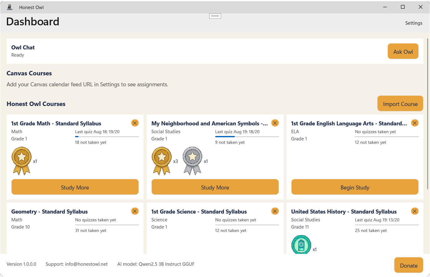 Honest Owl dashboard with additional courses across subjects and grades