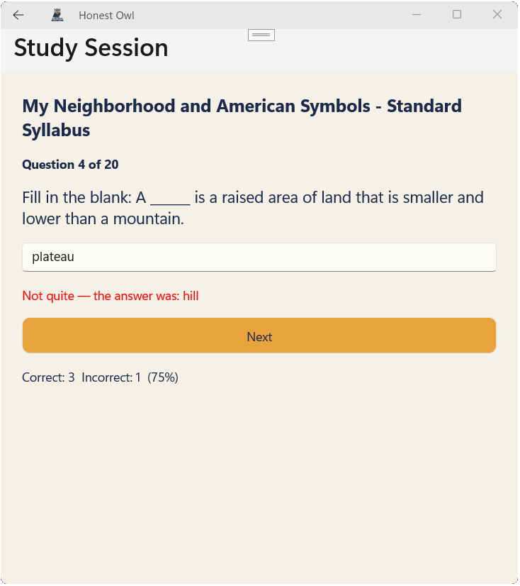 Honest Owl fill-in-the-blank quiz question