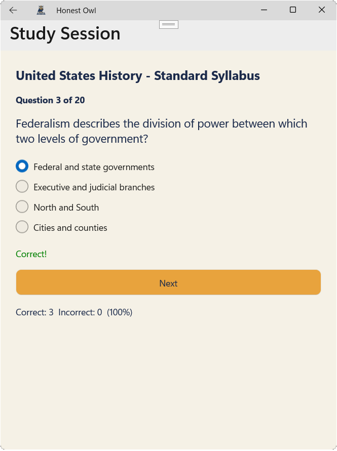 Honest Owl multiple-choice quiz question marked correct