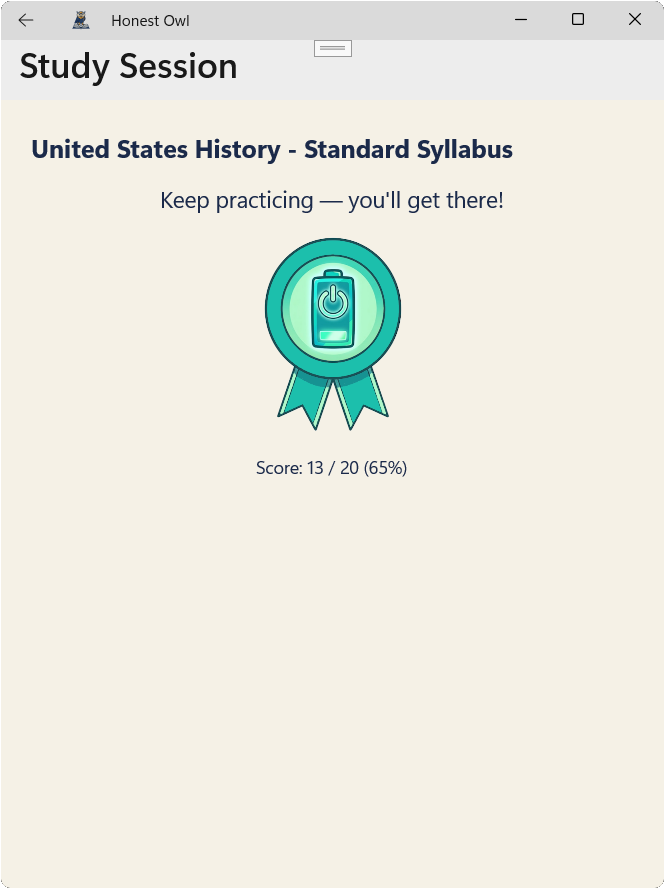 Encouraging badge shown after a lower quiz score