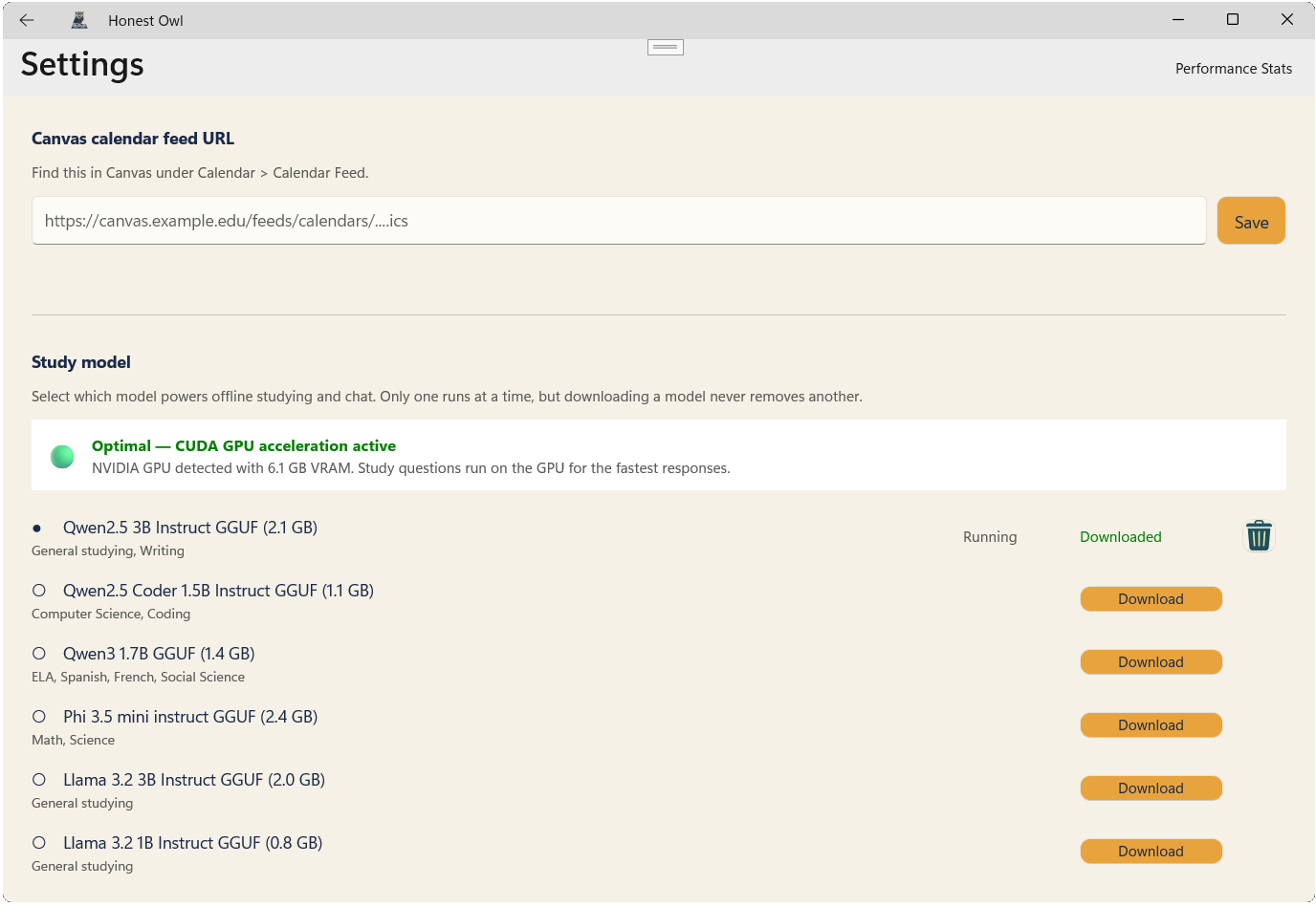 Honest Owl settings screen showing Canvas feed setup and AI model selection